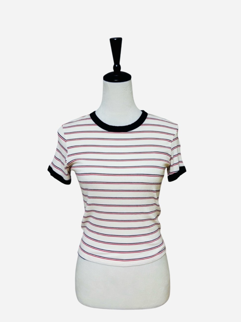 Striped Ringer Baby Tee Y2K Fitted Ribbed T-Shirt Retro Casual Top - Picture 2 of 10